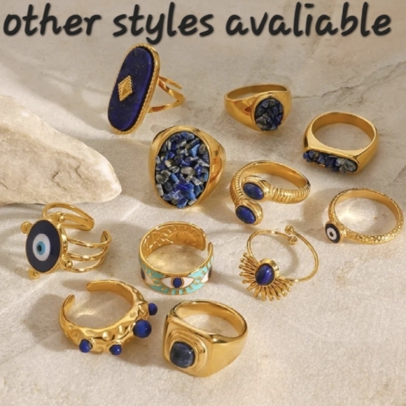 New 18k Gold- Plated Sodalite Chip Signet  Ring | Nwot Artisanal Stainless Steel - Picture 8 of 11